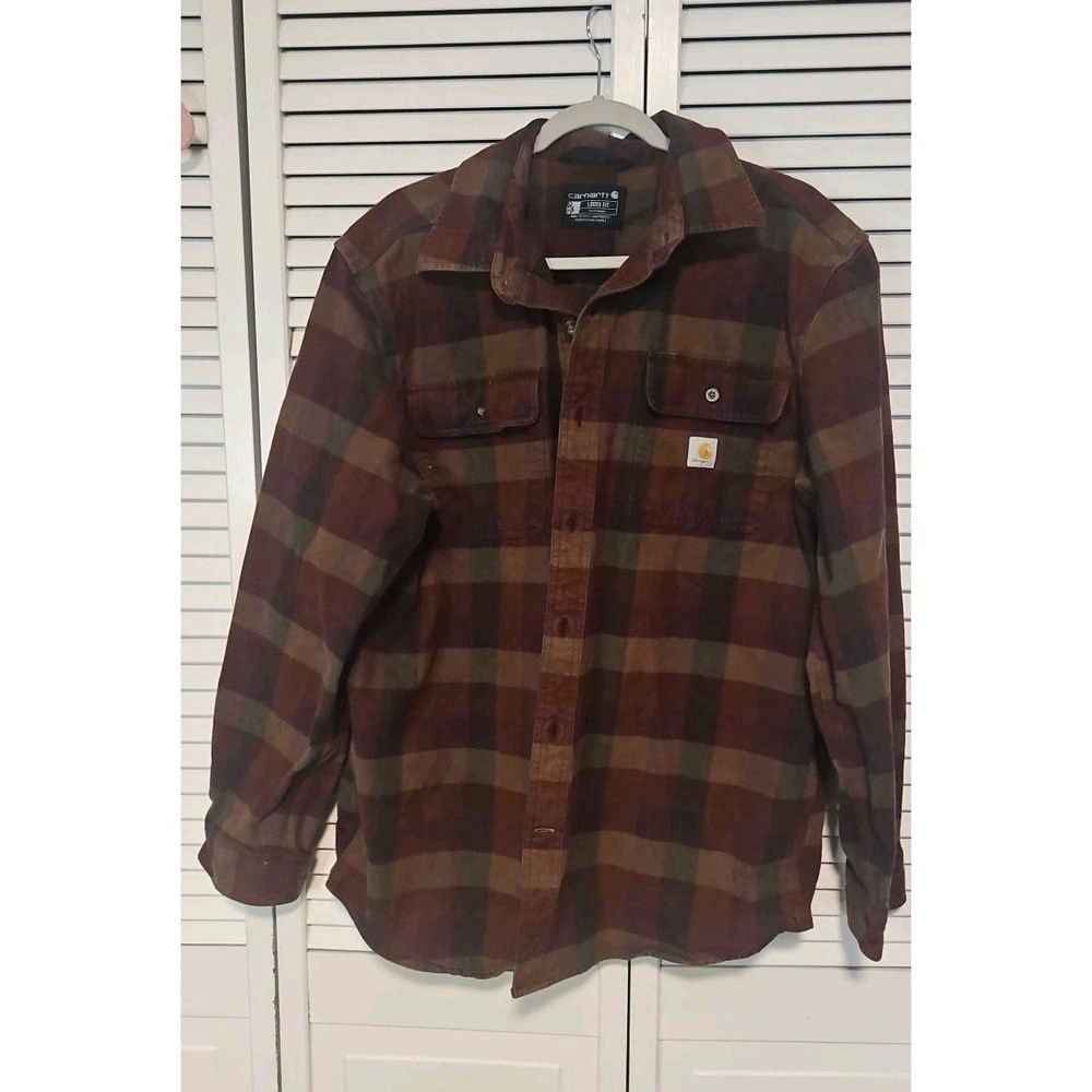 Carhartt Loose Fit Heavyweight Flannel Long Sleeve Plaid Shirt‎ Men L Rust Work